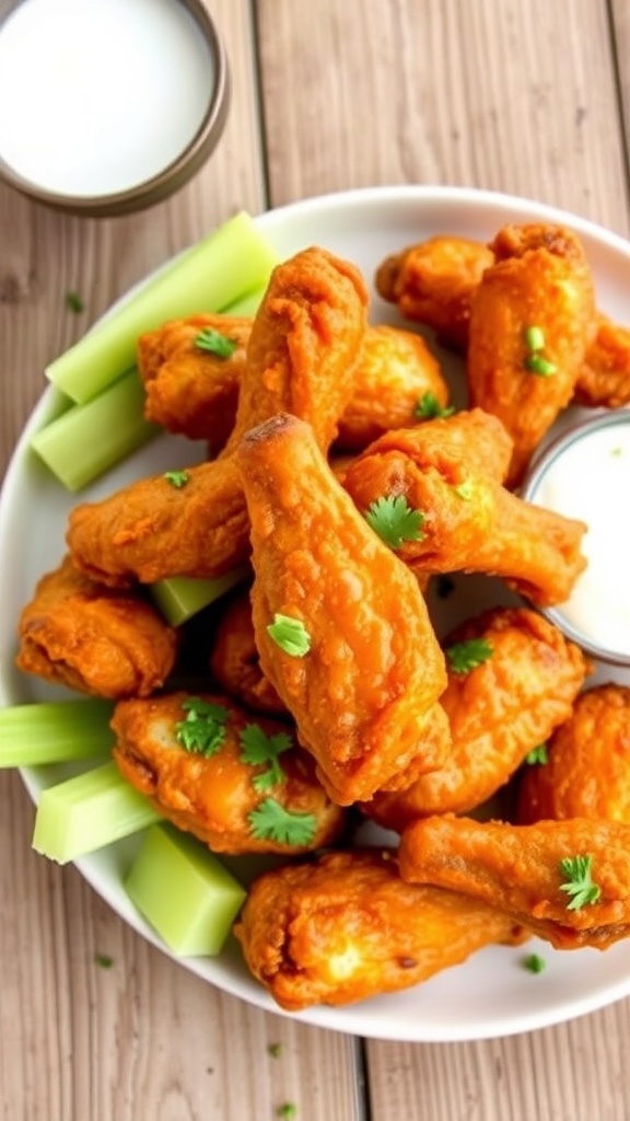 Crispy air fryer chicken wings served with celery sticks and ranch dressing on a rustic wooden table.